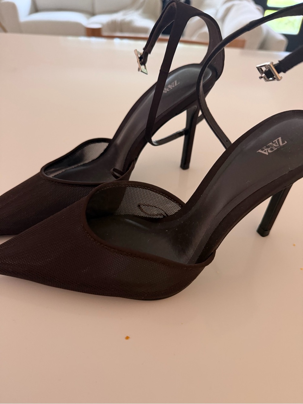 Zara Black Pointed Mesh Slingback Heels